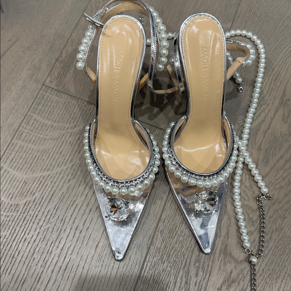 MACH & MACH Silver Heels with Pearl Detailing